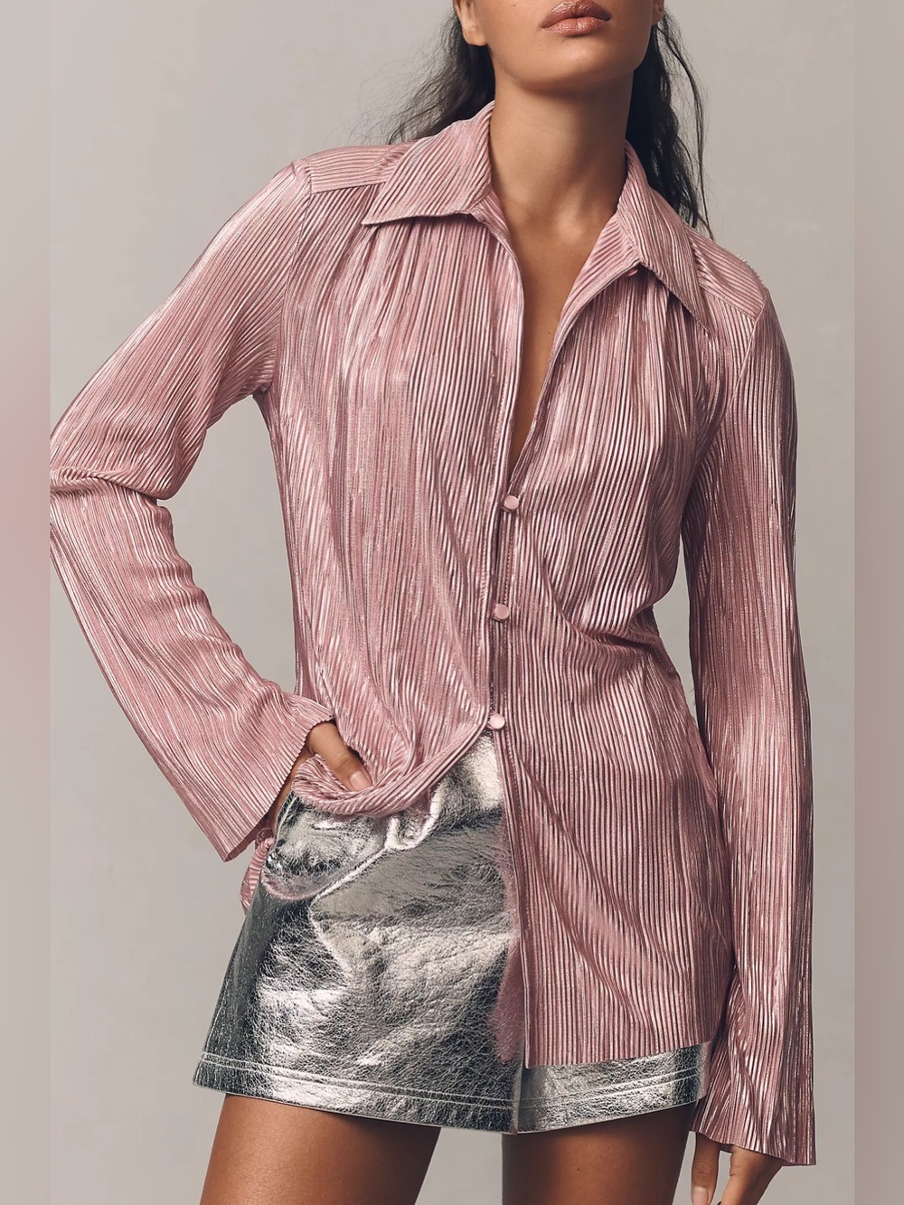 NWOT Sabina Musayev Rigel Pleated Foil Blouse Pink Size Small